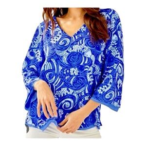 Lilly Pulitzer Florin 3/4 Sleeve V Neck So Offishal Blue Grotto Sz L Reversible